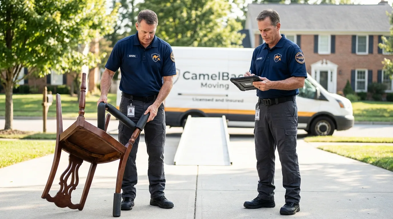 Movers inspecting furniture for damage prevention before loading in Lithia Springs, GA