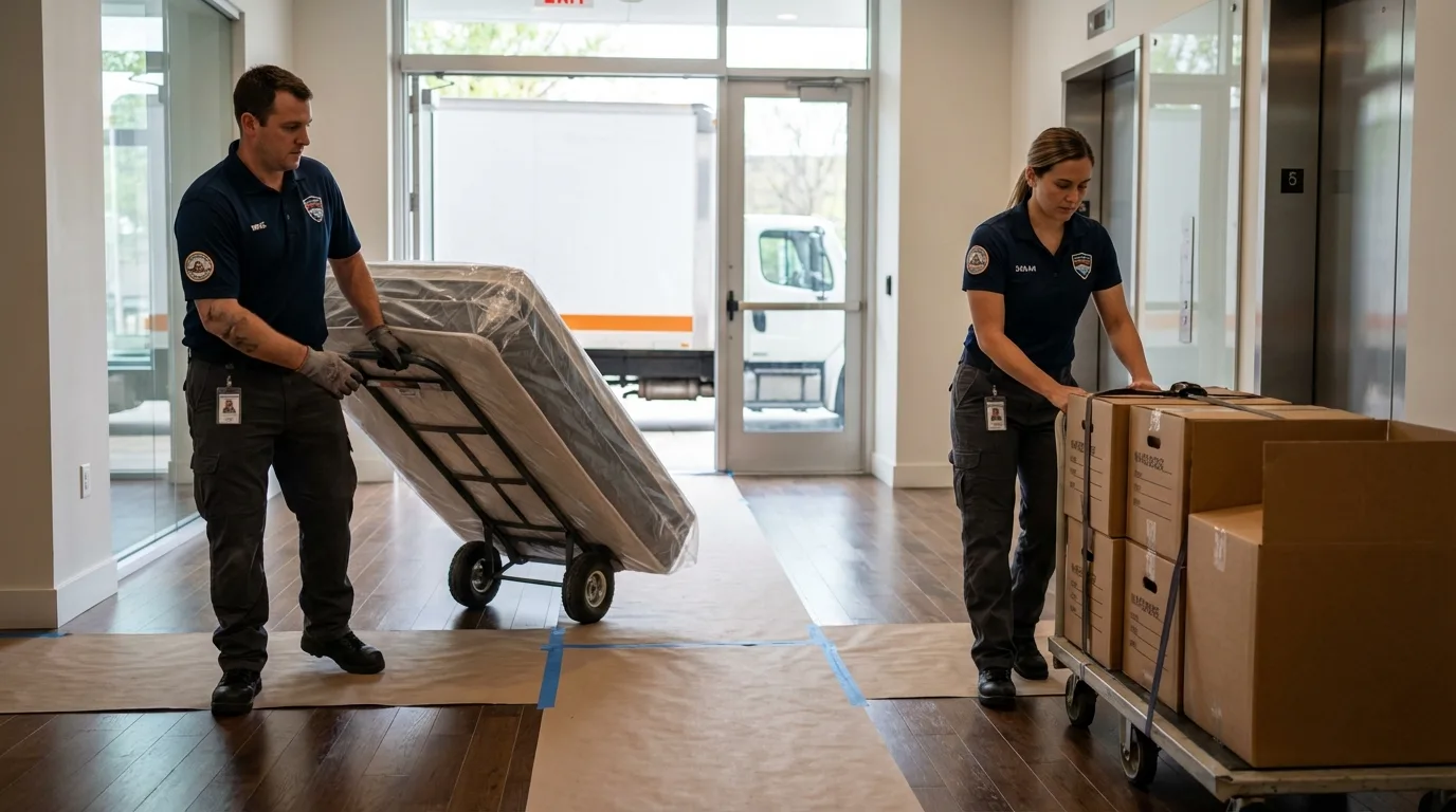 Professional apartment movers loading elevator in Lithia Springs, GA
