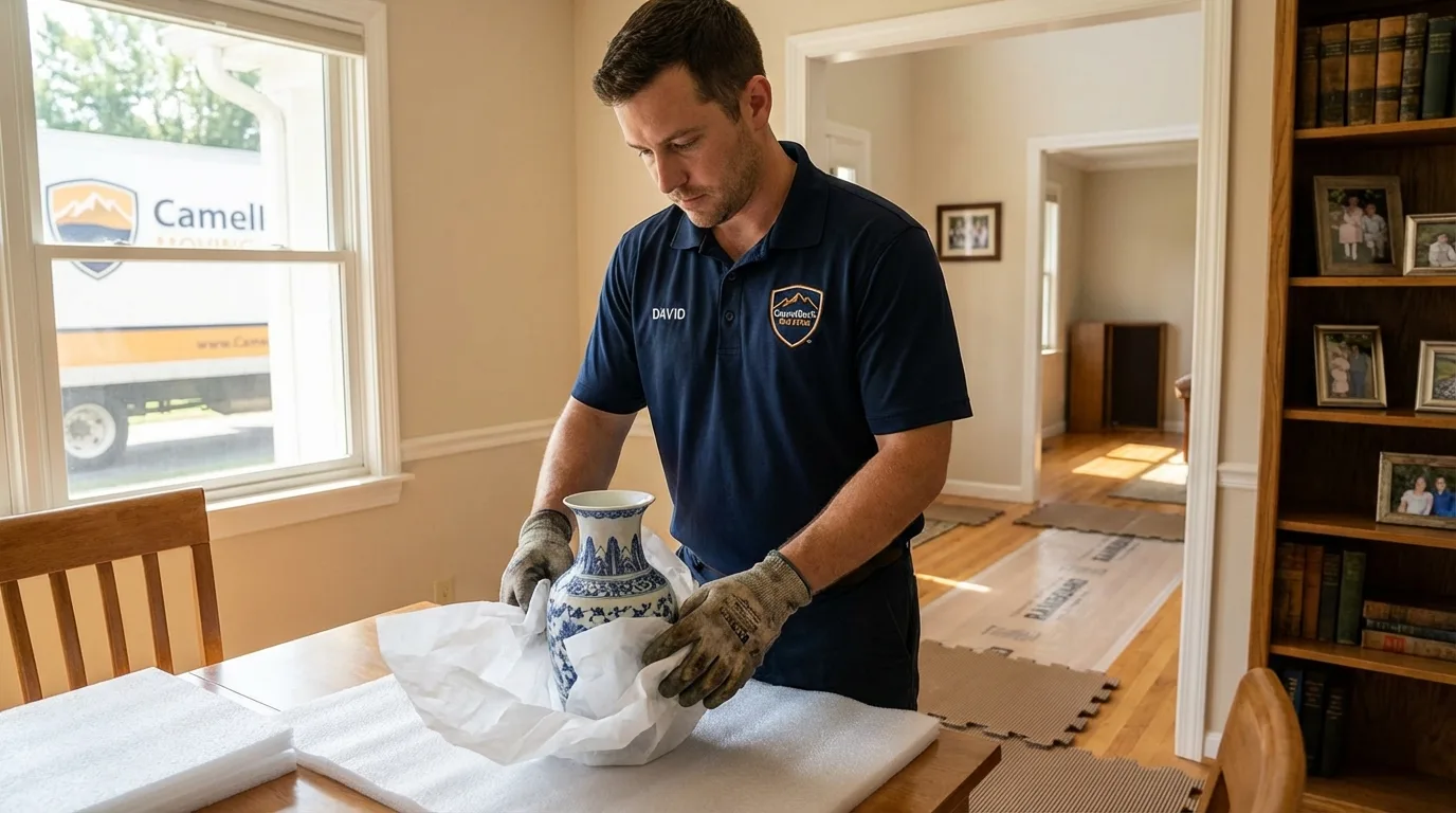 Professional crew carefully wrapping antique vase for senior downsizing move in Lithia Springs, GA